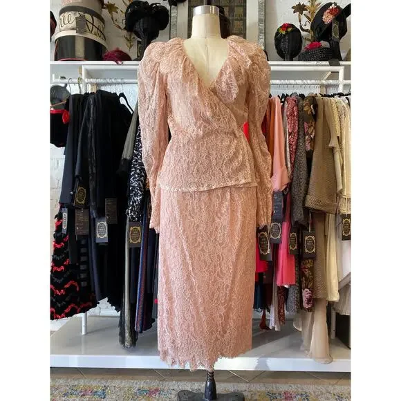 vintage 1980s sheer pink lace suit 80s fashion puff shoulders wrap blouse skirt - Picture 2 of 10